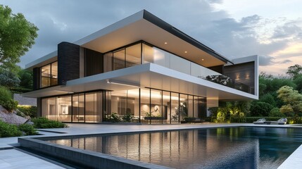 Fototapeta premium Luxury modern home with pool, garden, and sleek architectural design. generative ai