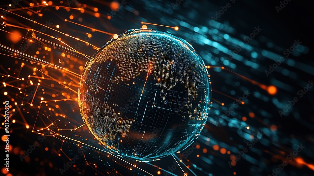 Poster digital globe with abstract data streams