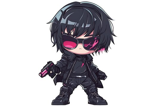 Anime character illustration, cool guy with black hair, red sunglasses and a gun, chibi style
