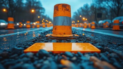 A row of orange traffic cones line a wet road under streetlights, creating a tunnel effect and a sense of anticipation and disruption.