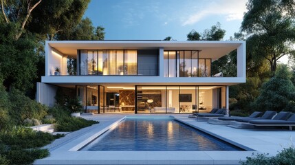 Fototapeta premium Luxury modern home with pool, garden, and sleek architectural design. generative ai