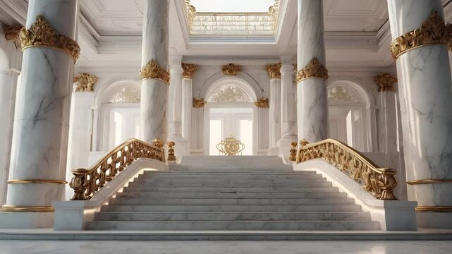 A grand marble staircase with intricate, ornate pillars and columns, set in a luxurious palace with a pristine white backdrop, illuminated by soft, elegant lighting in a detailed 3D rendering