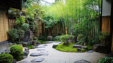 Fototapeta premium Serene Zen Garden with Lush Greenery and Stones