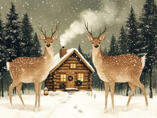Fototapeta premium Enchanting Winter Woodland Scene with Two Deer and Cozy Log Cabin Amidst Snow-Covered Forest for Peaceful Holiday Vibes