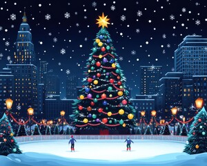 Obraz premium Majestic Christmas Tree Illuminates Snowy Cityscape with Skaters Enjoying Holiday Spirit Under Twinkling Stars and Festive Lights