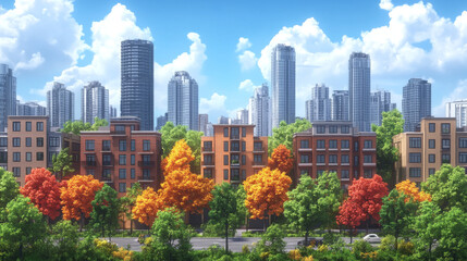 Cityscape with fall foliage and tall buildings in the background.