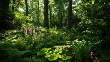 Fototapeta premium Lush Forest Undergrowth with Pink Flowers