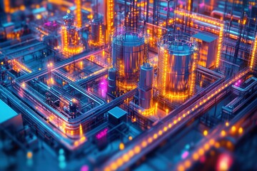Obraz premium An aerial view of a futuristic factory with glowing pipes and tanks.