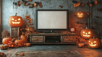 Obraz premium Mock up frame on the wall in a modern luxury minimalist living room with halloween decorations.