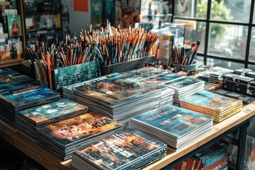 A table in an art supply store with stacks of art books and paint brushes.