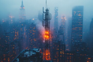 A tall communication tower stands out in the dense urban landscape, shrouded in fog and illuminated by the warm glow of city lights.