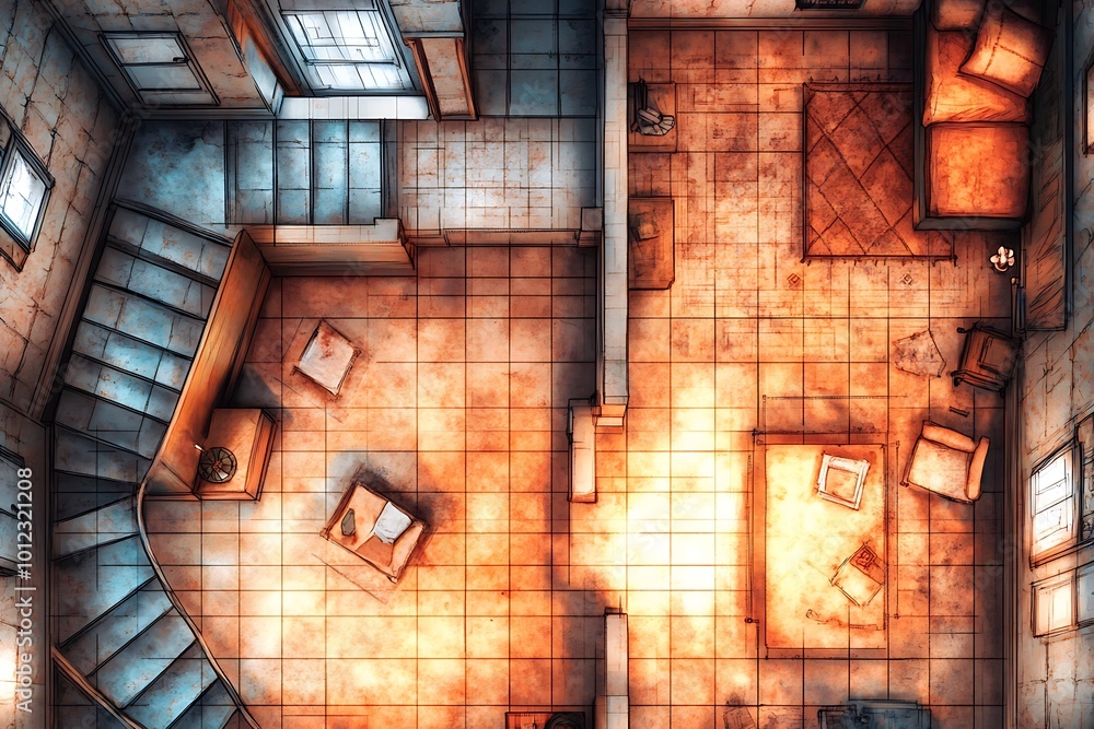 Leinwandbilder top down view of an empty room with stairs leading to the upper level. fantasy rpg game map backgrou
