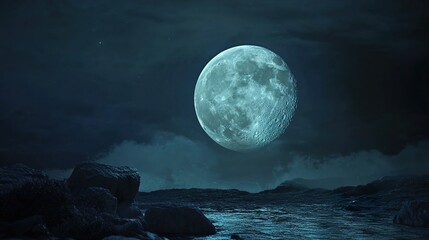 Fototapeta premium Full Moon Over the Ocean: A Serene Night Sky Landscape