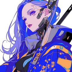 Obraz premium Cyberpunk Anime Girl with Purple Hair and Blue Jacket Holding a Sword