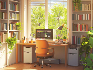 Efficient Home Office Setup: Small Space with Desk, Computer, and Bookshelf