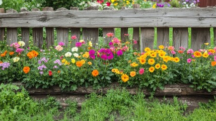 Fototapeta premium Colorful Flowers Blooming Along a Rustic Wooden Fence