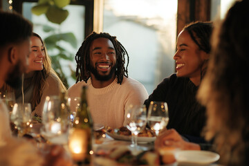 A group of people are sitting around a table with wine glasses