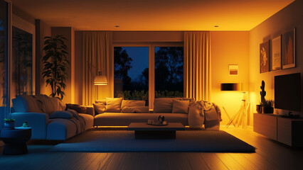 Fototapeta premium Modern Living Room in Dark Beige at Night