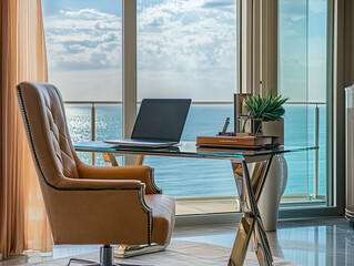 Fototapeta premium Sophisticated Study Space: Glass-Top Table with Elegant Leather Chair