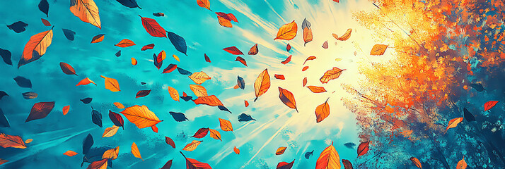 Autumn leaves dance in the wind against a vibrant blue sky.