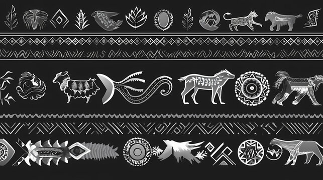 Vector monochrome seamless set of yakut folk ornaments. frames and borders of the peoples of the north, tundra. Siberian Tundra. Illustration