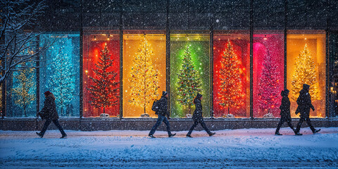 shoppers walking in front of a colorful department store Christmas display window at night during a snowstorm