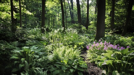 Obraz premium Lush Green Forest Undergrowth with Purple Flowers and Tall Trees