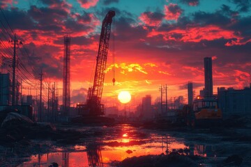 Obraz premium A construction crane stands tall against a stunning sunset over a city skyline.