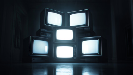 Stacked TVs Radiating Light in a Dark Room