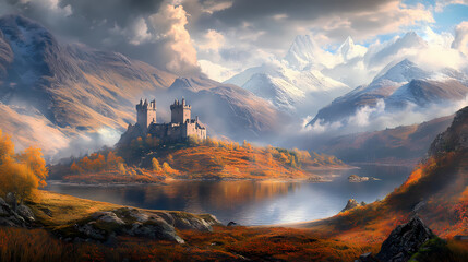 The rugged beauty of the scottish highlands with a castle in the distance. Scottish Highlands. Illustration