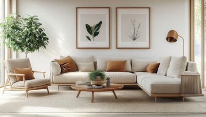 Modern Scandinavian home interior design characterized by an elegant living room featuring a comfortable sofa, mid century furniture, cozy carpet, wooden floor, white walls, and home plants.