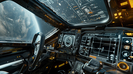 Inside a Futuristic Spaceship: Cockpit with Large Digital Controls