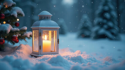 New Year fairy tale magic card with Lantern with burning candle on snow forest by Christmas tree at night, atmospheric background with space for text