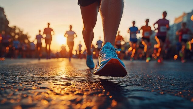 A group of men runners running in a road race, marathon run contest