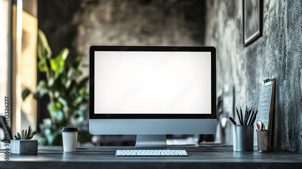 Poster modern workspace with blank computer screen