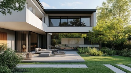 Fototapeta premium Modern architecture with outdoor patio and garden generative ai