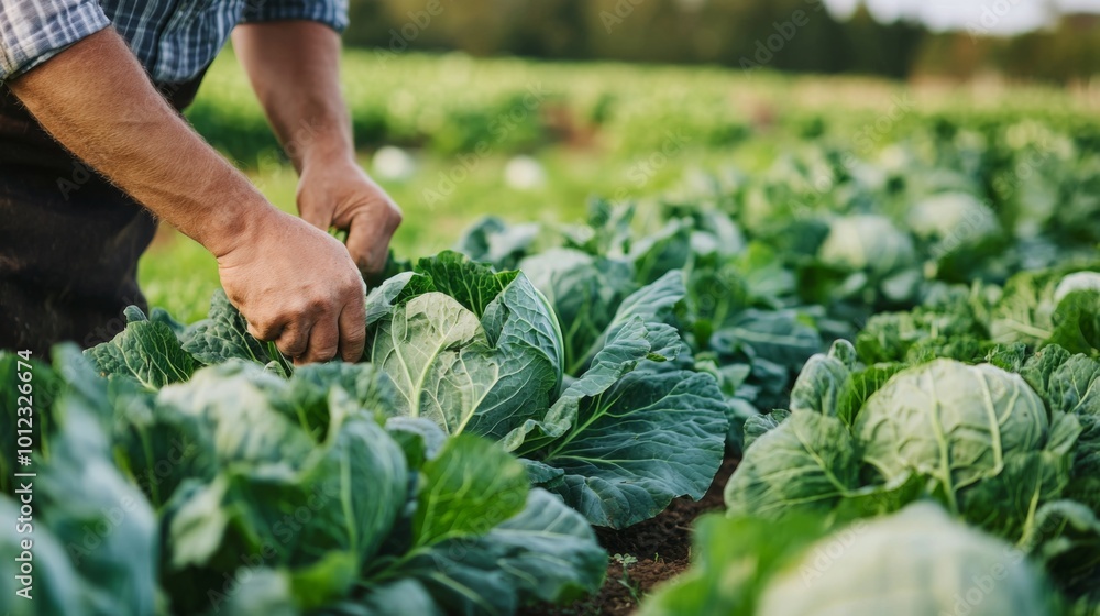 Sticker A Farmer's Hands Inspecting a Cabbage Crop in a Field