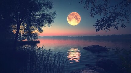 Serene Moonlit Lake Reflection at Dusk