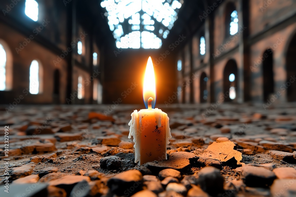 Aufkleber a lone candle burning in an otherwise dark and empty room, symbolizing a faint hope against the over