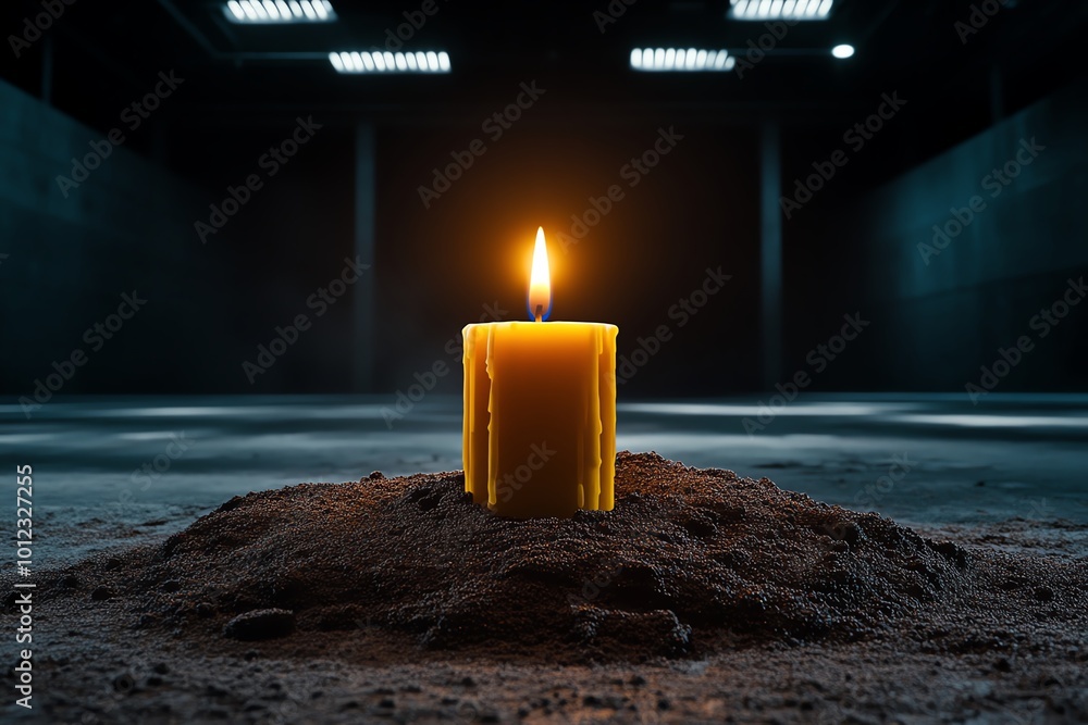 Aufkleber a lone candle burning in an otherwise dark and empty room, symbolizing a faint hope against the over