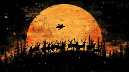 A silhouette of Santa Claus flying over a large, full moon with a group of reindeer in the foreground. The image is dark and has a grunge effect.