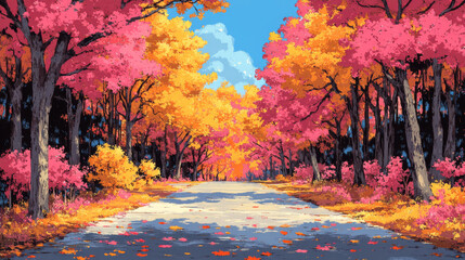 A picturesque road lined with vibrant autumn foliage.