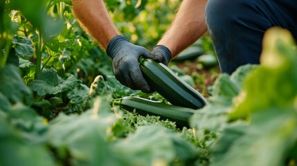 Obraz premium A Farmer's Hand Holding Two Freshly Harvested Green Zucchini in a Garden