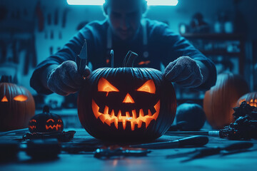 person is skillfully carving scary pumpkin in dimly lit workshop, surrounded by tools and other pumpkins, creating spooky atmosphere for Halloween