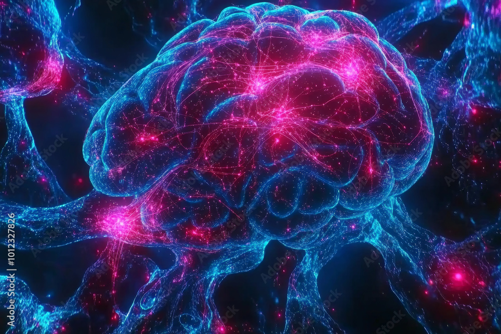 Poster digital brain with glowing connections and neural pathways, showcasing vibrant colors and intricate 