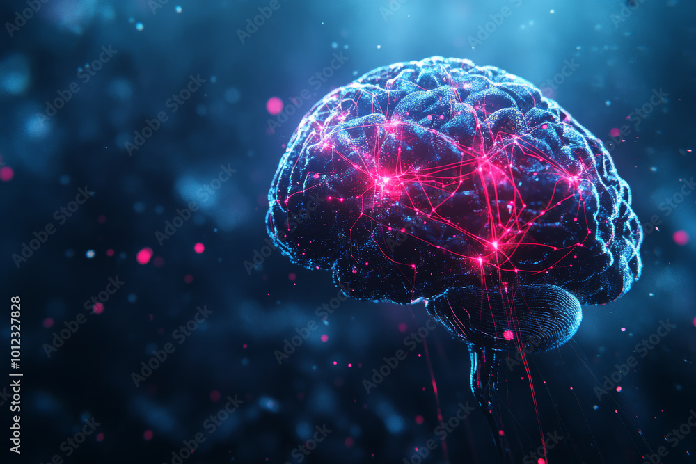 Poster digital brain with glowing connections and neural networks, representing advanced technology and art