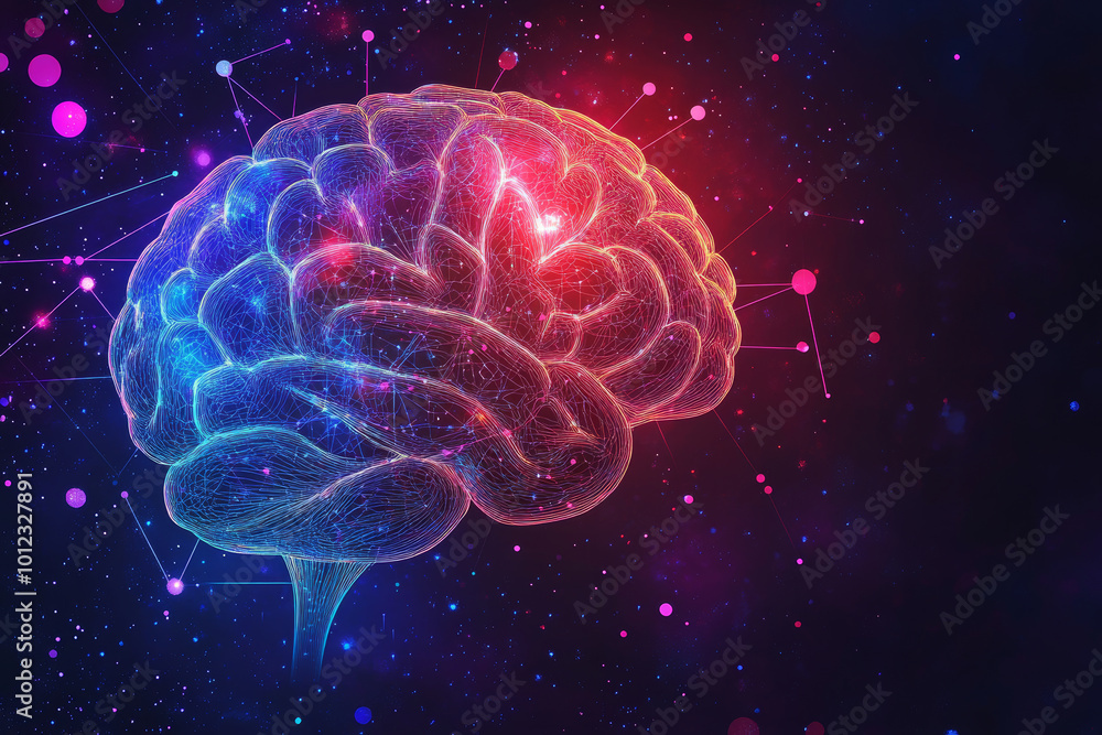 Poster digital brain with glowing connections and neural networks, set against cosmic background filled wit