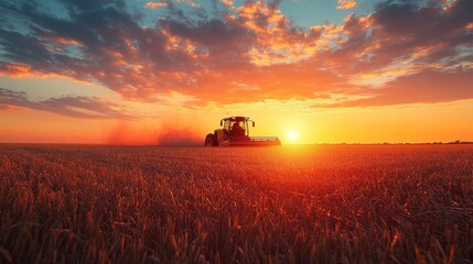 Fototapeta premium A tractor working in a field at sunset with a dramatic sky.