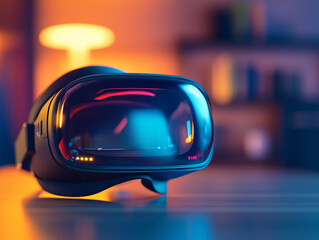 Fototapeta premium Close-up of a modern virtual reality headset on a wooden table, illuminated by soft, warm lighting. The sleek design and vibrant reflections emphasize the immersive nature of VR technology.