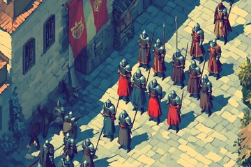 Medieval soldiers marching through a cobblestone street, with a flag in the background.